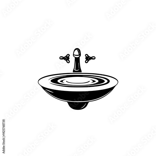 Black icon depicting a modern sink with a faucet and handles designed for kitchens or bathrooms