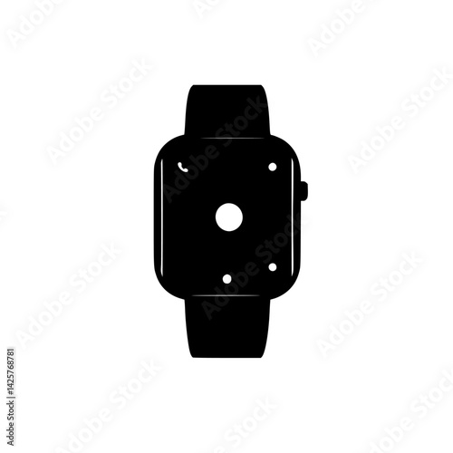 Black icon representing a modern smartwatch with a sleek design and circular display for digital functionality