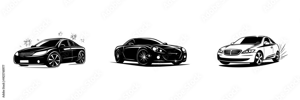 Naklejka premium Stylish black car icons showcasing modern vehicles in sleek designs against a simple background