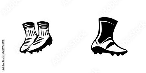 Set of black sports icons representing soccer cleats and socks designed for athletic activities and team branding