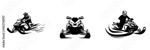 Black icon set of snowmobiles with different angles showcasing winter sports and adventure