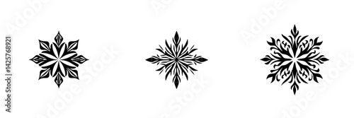 Decorative black icons designed as unique snowflakes with intricate patterns suitable for winter themes