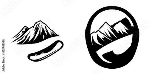 Set of black icons featuring mountain graphics with a curved design, suitable for outdoor or adventure themes