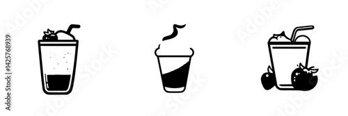 Set of black icons representing beverages including a soda, a milkshake, and a cocktail with fruit garnish
