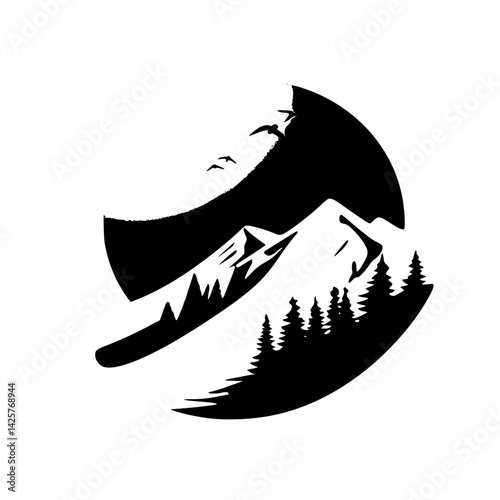 Stylized black icon depicting mountains and trees within a circular design for outdoor enthusiasts