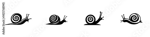 Set of black snail icons in various positions showcasing distinct traits and styles for design use