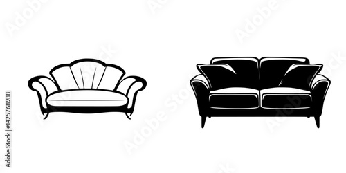 Two distinctive black sofa designs showcasing modern and vintage styles for interior decoration purposes and furniture selection