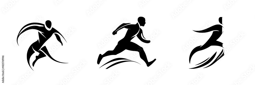 Dynamic black icon representations of running figures in motion showcasing athleticism and speed Dynamic black icon representations of running figures in motion showcasing athleticism and speed