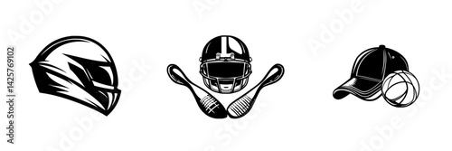 Set of black sports icons featuring a football helmet, crossed hockey sticks, and a cap with a baseball