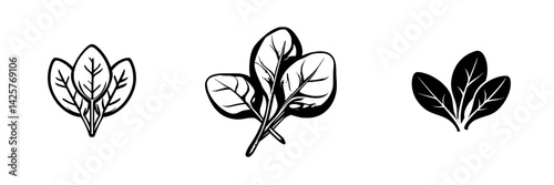 Black icon set featuring various styles of spinach leaves for graphic design and digital projects