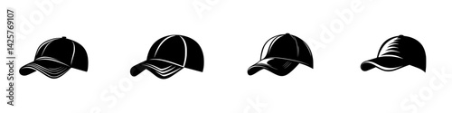 Set of black baseball caps with varying designs and angles displayed in a minimalistic style