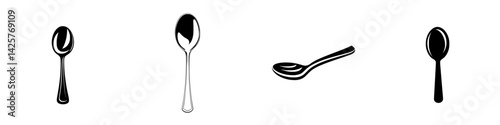 Set of black icons featuring various spoon designs in different styles and orientations