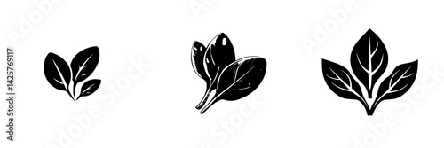 Black icon set of various leaf designs showcasing different shapes and sizes for use in nature-themed projects and illustrations