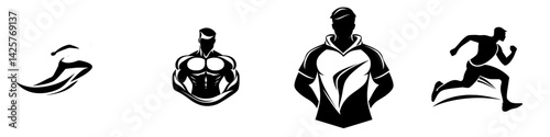 Black icon set featuring various athletic figures in dynamic poses and strong postures suitable for fitness branding and sports themes
