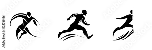 Dynamic black icon representations of running figures in motion showcasing athleticism and speed
