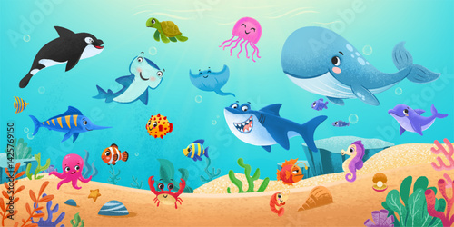 underwater panorama background with all sea animals and fish