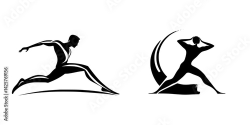 Dynamic black icon of a sprinter and a discus thrower showcasing athletic movement and skill