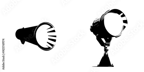 Black icon illustration of a spotlight and a searchlight on a plain background showcasing distinct designs and shapes