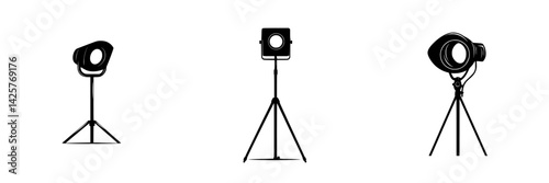 Set of black icons representing studio lights on stands in various designs and positions