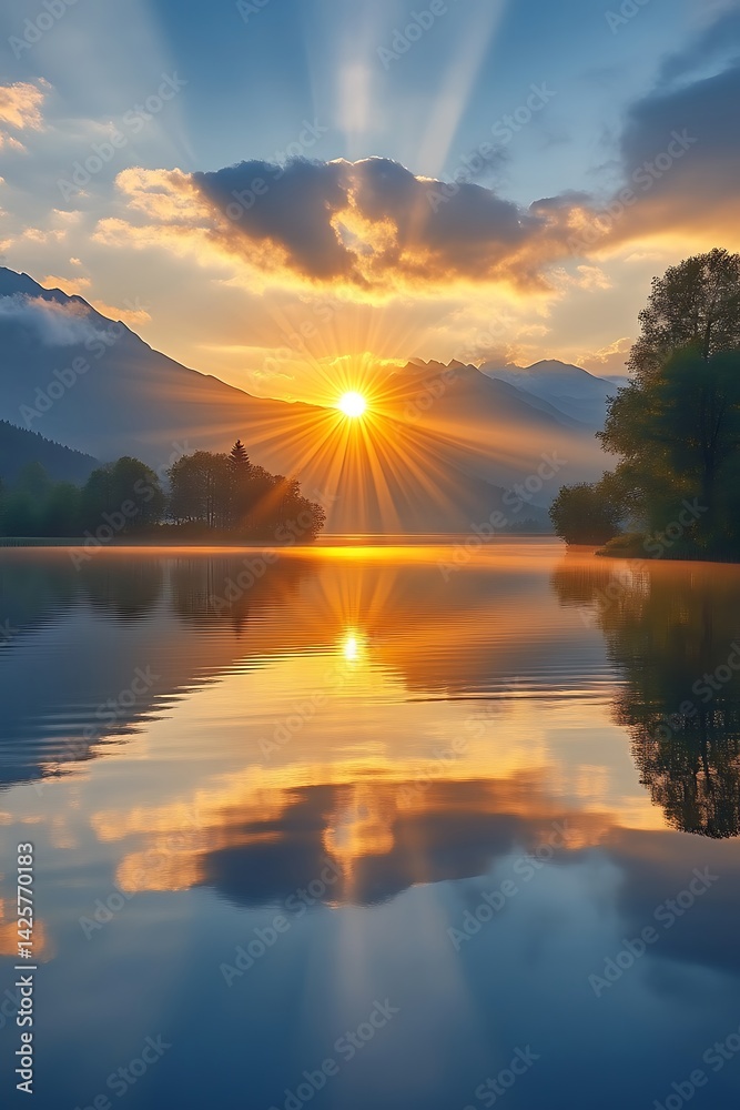 Fototapeta premium Sunrise over lake, mountains reflection