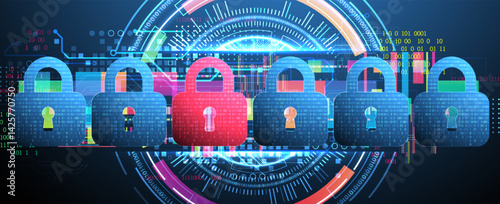 Digital cybersecurity concept with padlocks, symbolizing data protection and security. Vector technology background.
