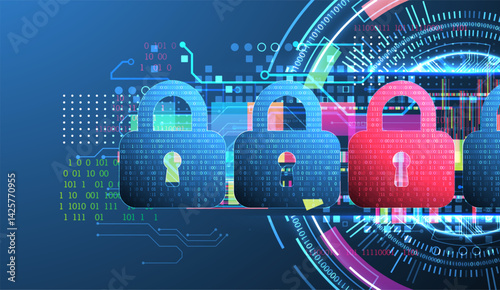 Digital cybersecurity concept with padlocks, symbolizing data protection and security. Vector technology background.
