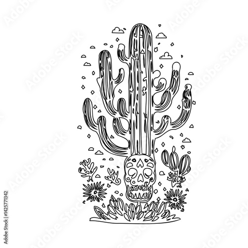 Cactus Skull Line Art for Coloring Book Design
