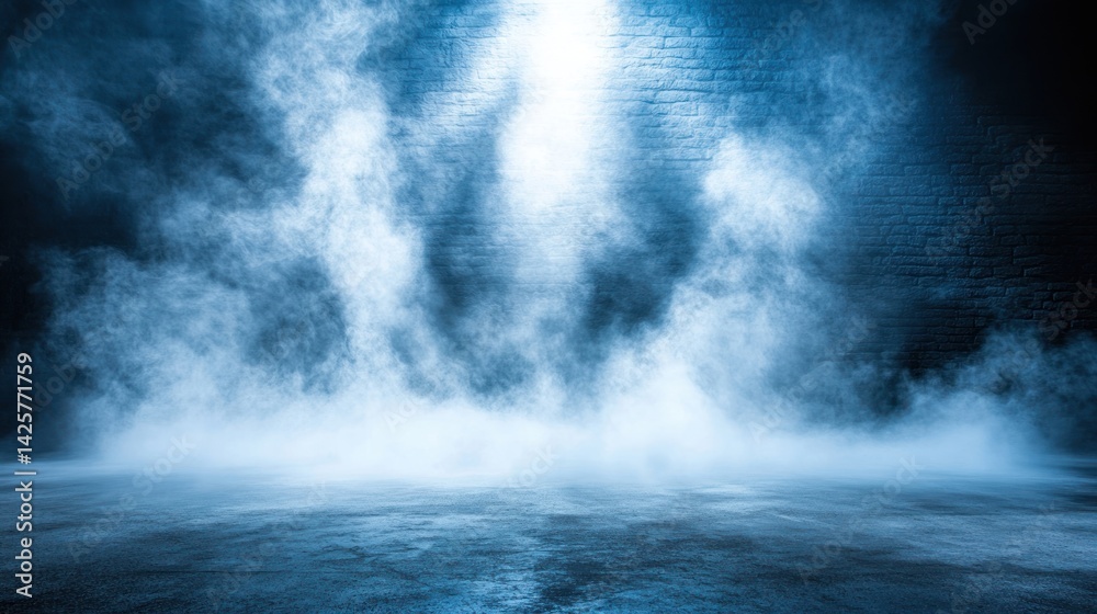 Fototapeta premium Dark smoky blue room with brick wall and bright light.
