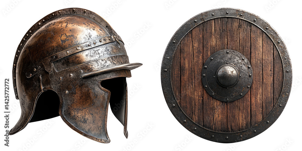 Fototapeta premium Medieval warrior helmet and round wooden shield isolated on transparent background perfect for historical and battle-themed visuals