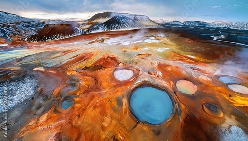 Aweinspiring Dusk Overflow Abstract Hot Springs Mudpots Patterns in Icelands Lunar Hverir Geothermal Area, Capturing Otherworldly Warmth Texture. photo