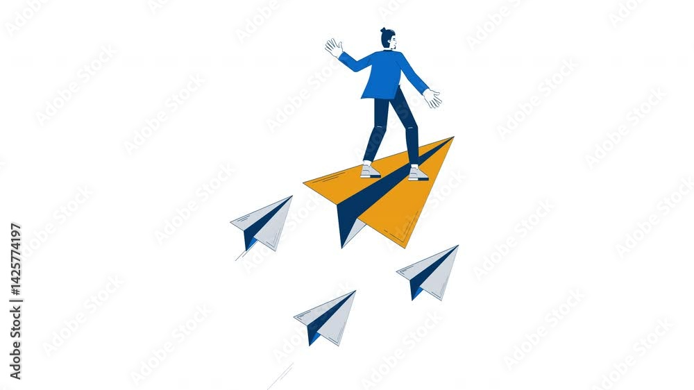Visionary leader flying forward on paper plane hand drawn whiteboard animation. Business navigation. Strategic direction man moving ahead animated doodle handdrawn concept pencil drawing 4K video Visionary leader flying forward on paper plane hand drawn whiteboard animation. Business navigation. Strategic direction man moving ahead animated doodle handdrawn concept pencil drawing 4K video