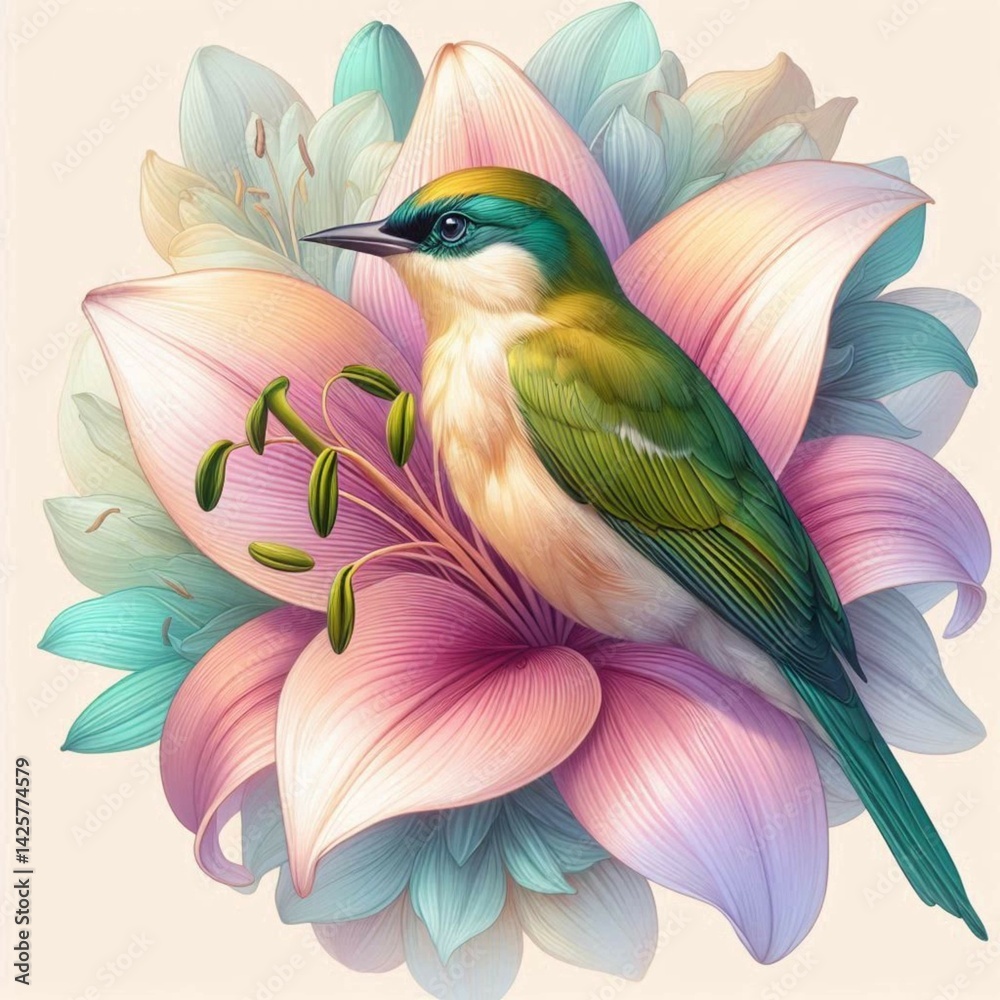 Obraz premium colorful birds on branches and flowers in pastel colors