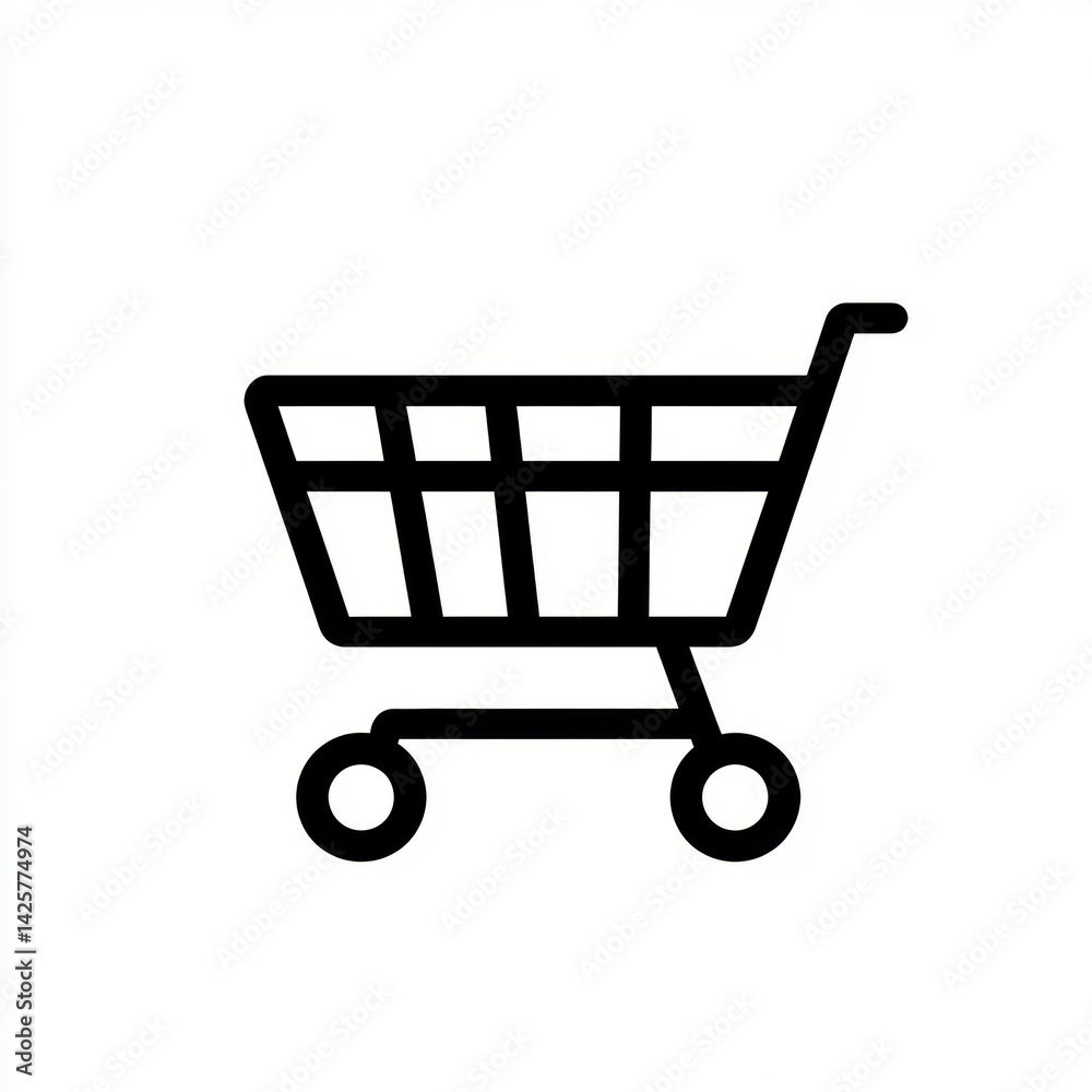 Minimalist black and white shopping cart icon representing online retail and e-commerce transactions Minimalist black and white shopping cart icon representing online retail and e-commerce transactions
