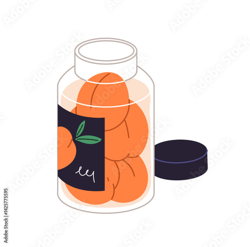 Icon of open canned peaches. preserved fruit inside glass jar. Conserved food in bottle for eating. Bottle with fresh summer snack, juicy product. Flat isolated vector illustration on white background