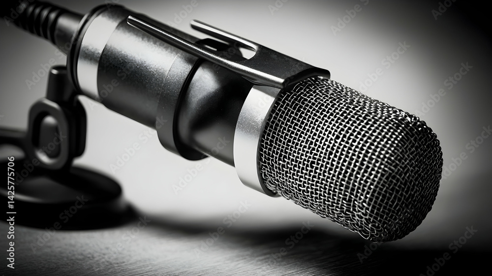 Obraz premium Close-up studio shot of a microphone on a desk, ready for recording a podcast or interview
