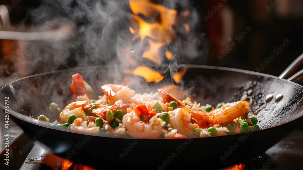Fried rice with shrimp, peas, and egg in a hot wok Fried rice with shrimp, peas, and egg in a hot wok