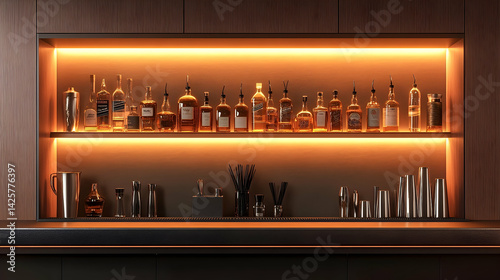 Illuminated liquor display showcasing a selection of bottled spirits.