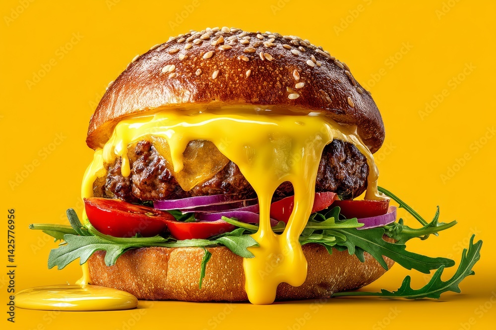 Juicy cheeseburger with melting cheddar.