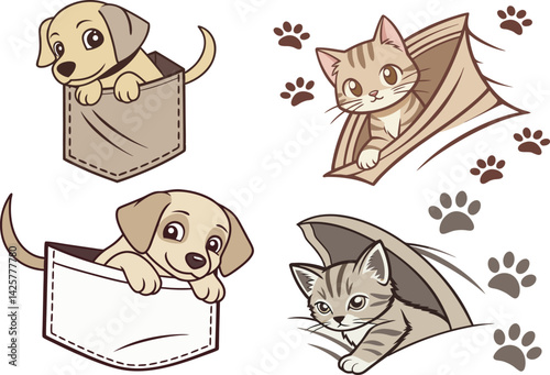 Adorable Cartoon Puppies in Pockets & Kittens in Tents Playful Pet Illustration Set with Paw Prints