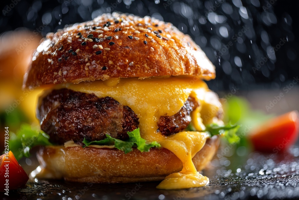 Juicy cheeseburger with melting cheddar.