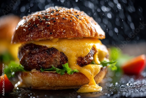 Obraz na płótnie Juicy cheeseburger with melting cheddar. w salonie