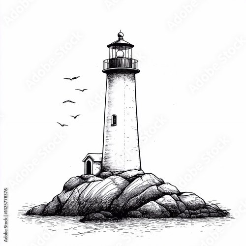 Wallpaper Mural Lighthouse and house with red roof on a cliff. Illustration of a lighthouse in pastel colors. Seascape for poster, postcard, packaging Torontodigital.ca