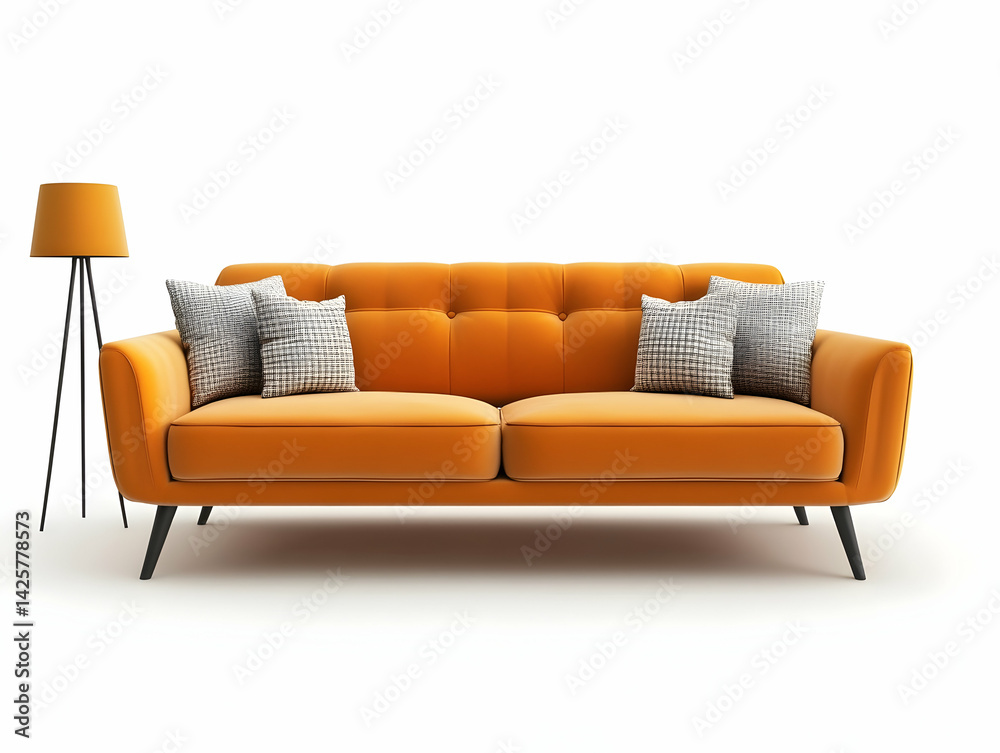 Fototapeta premium Orange Sofa with Cushions and Lamp