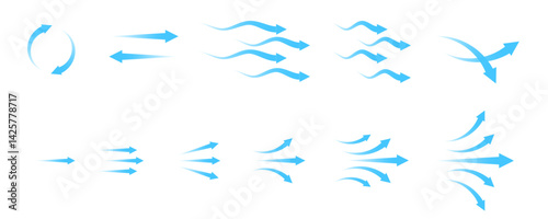 Set of blue arrow showing wind air flow isolated on white background, air direction