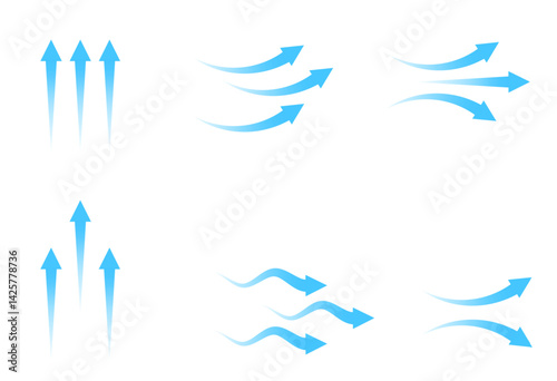 Set of blue arrow showing wind air flow isolated on white background, air direction