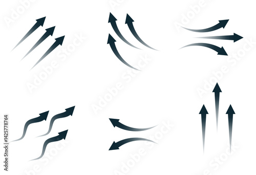 Set of black arrow showing wind air flow isolated on white background, air direction