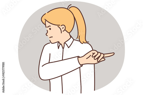 Offended woman turning away and pointing finger aside after insults or toxic remarks at work