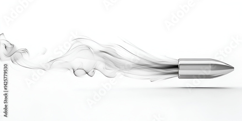 Silver Bullet in Motion with Smoke Trail on White Background

