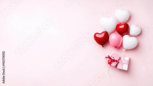 Heart-shaped balloons and gift box on pink background