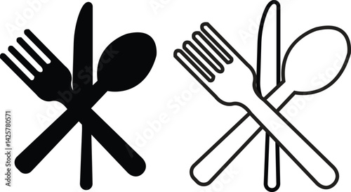 Fork, knife and spoon icons set. Dining essential vectors. Crockery symbols. Tableware instrument. Cutlery icons flat, outline styles for food and restaurant themes isolated on transparent background.